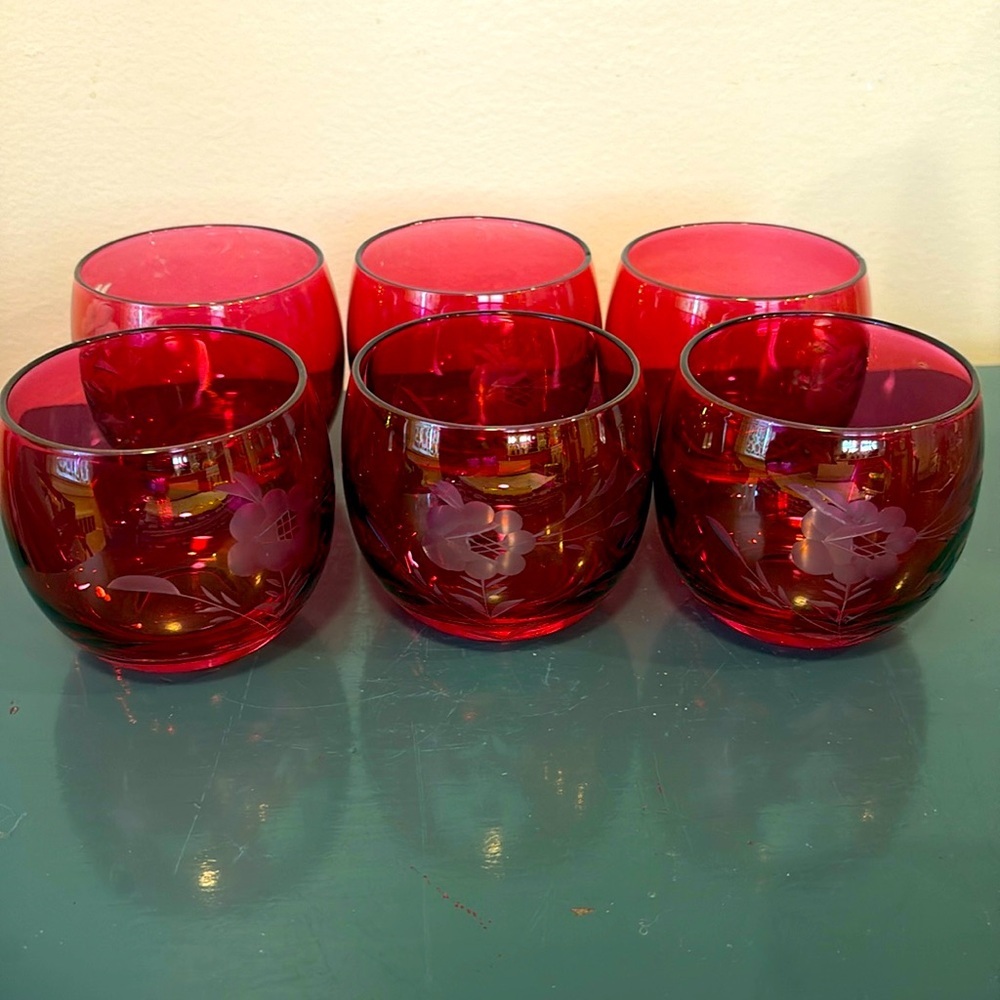 Vintage Floral Etched Cranberry Roly Poly Glasses.  Set of 6